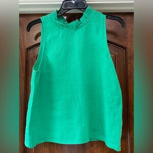 J. Crew Sleeveless Linen Ruffle Neck Blouse in green Sz S